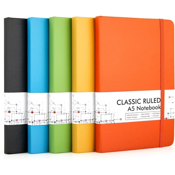 Feela Journal Notebook Bulk, Hardcover Business Classic Ruled Lined Journals with Pen Holder for Work Office Journaling, with 5 Black Pens, 120 GSM, 5.1”x8.3”, 5 Pack, A5, Solid Colors