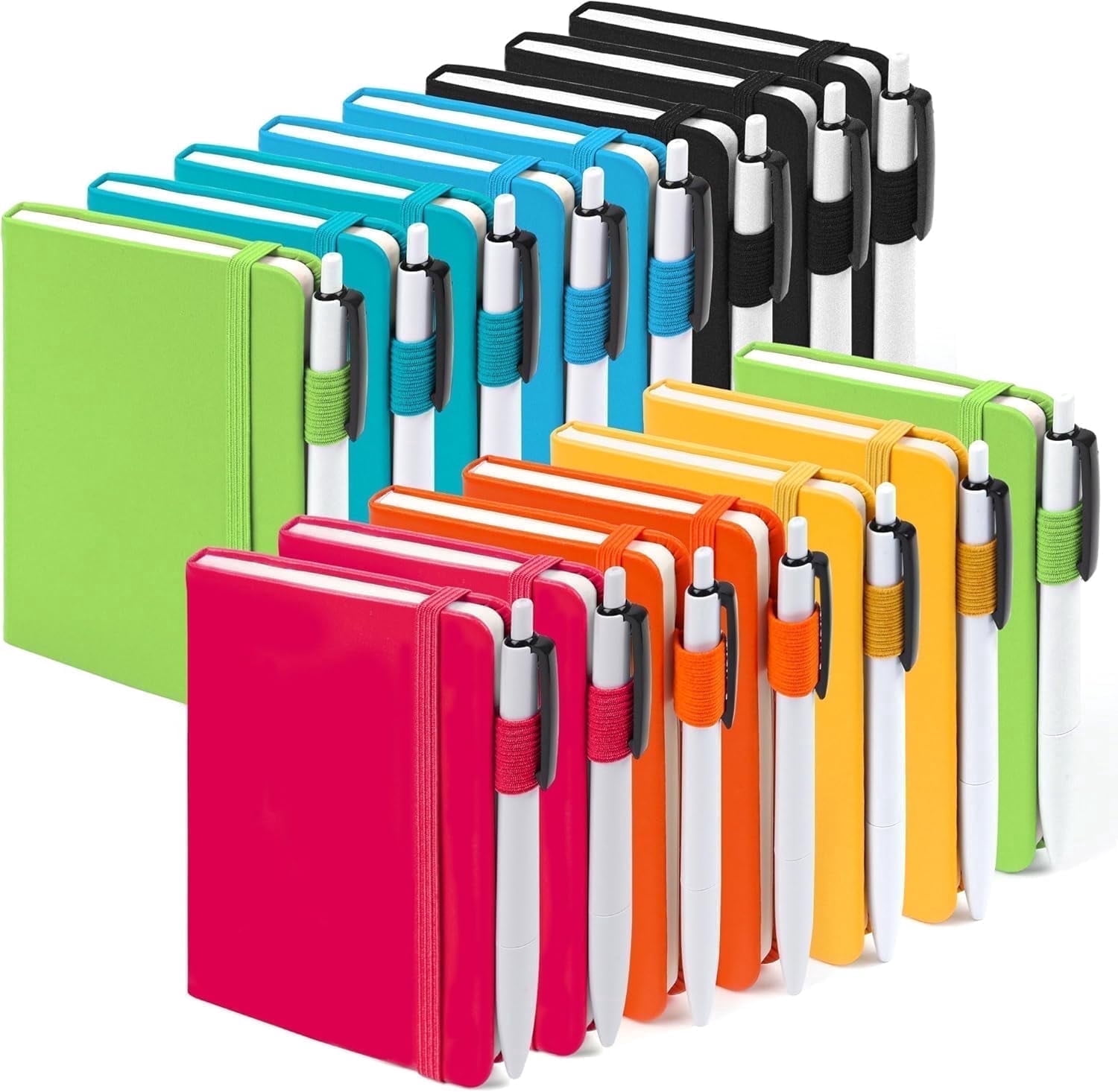 feela Pocket Small Notebooks Bulk, Mini Cute Notepads Hardcover College Ruled Lined Journals with Pen Holder for Business Memos, with 15 Black Pens, 3.5”x 5.5”, 15 Pack, A6, Solid Colors
