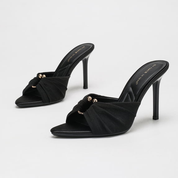 On feet & in love Women's Satin Pointed Toe Stiletto Mules - Ruched Slip-On Dress Heels with Gold-Tone Hardware