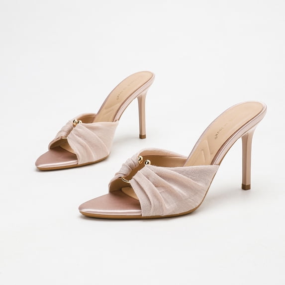On feet & in love Women's Satin Pointed Toe Stiletto Mules - Ruched Slip-On Dress Heels with Gold-Tone Hardware