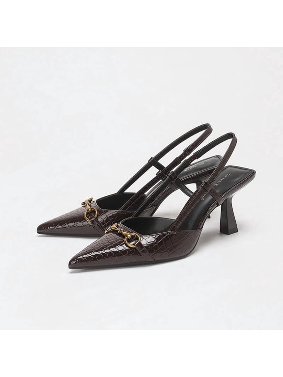 Women's Pointed Toe Patent PU Slingback Heels with Horsebit Buckle - Embossed Croc Texture Brown Dress Shoes for Work & Party - Size 7.5