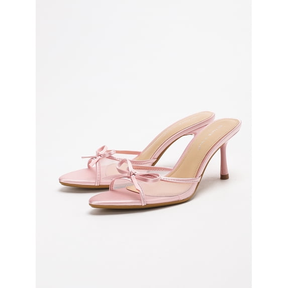 On feet& in love Women's Pointed Toe Breathable Mesh Hand-Tied Bow Slip-On Sculpted Kitten Heel Mule Sandals for Summer Date Wedding Daily Evening Party Wear