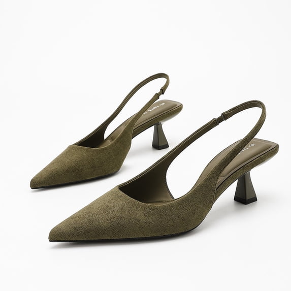 On feet& in love Women's Pointed Toe Suede Narrow Width Slingback Kitten Heels - Comfortable Low Heel Dark Olive Dress Shoes for Office & Wedding - Size 11