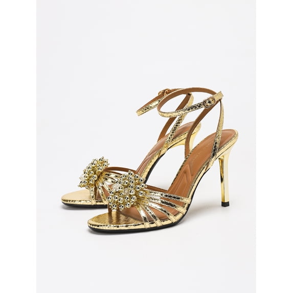 On feet& in love Women's Square Open Toe Beaded Flower Decor Multi Thin Strap Adjustable Ankle Strap Stiletto High Heel Dress Sandals for Wedding Party Evening Occasions