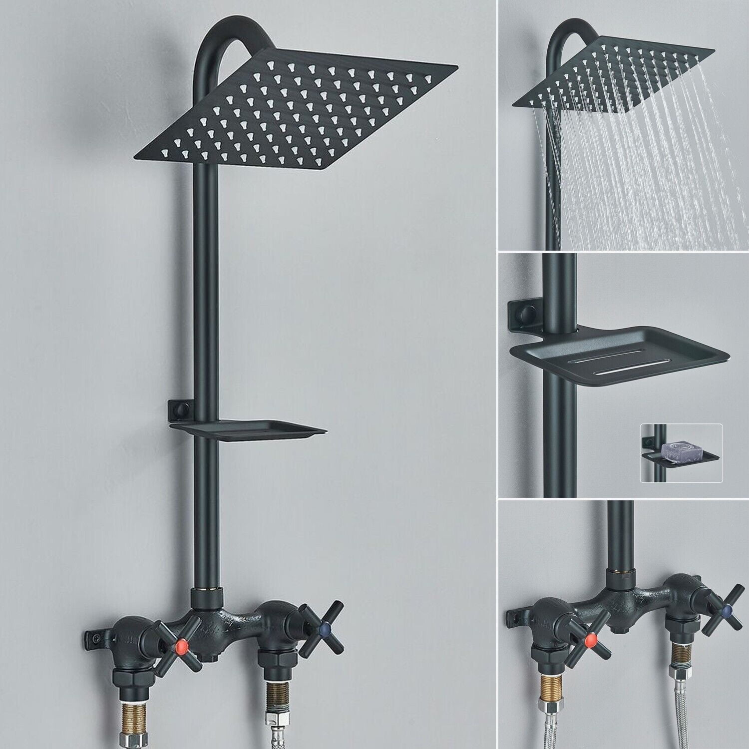 feetron Black Bathroom Shower Faucet System Set 6" Rainfall Head Combo ...
