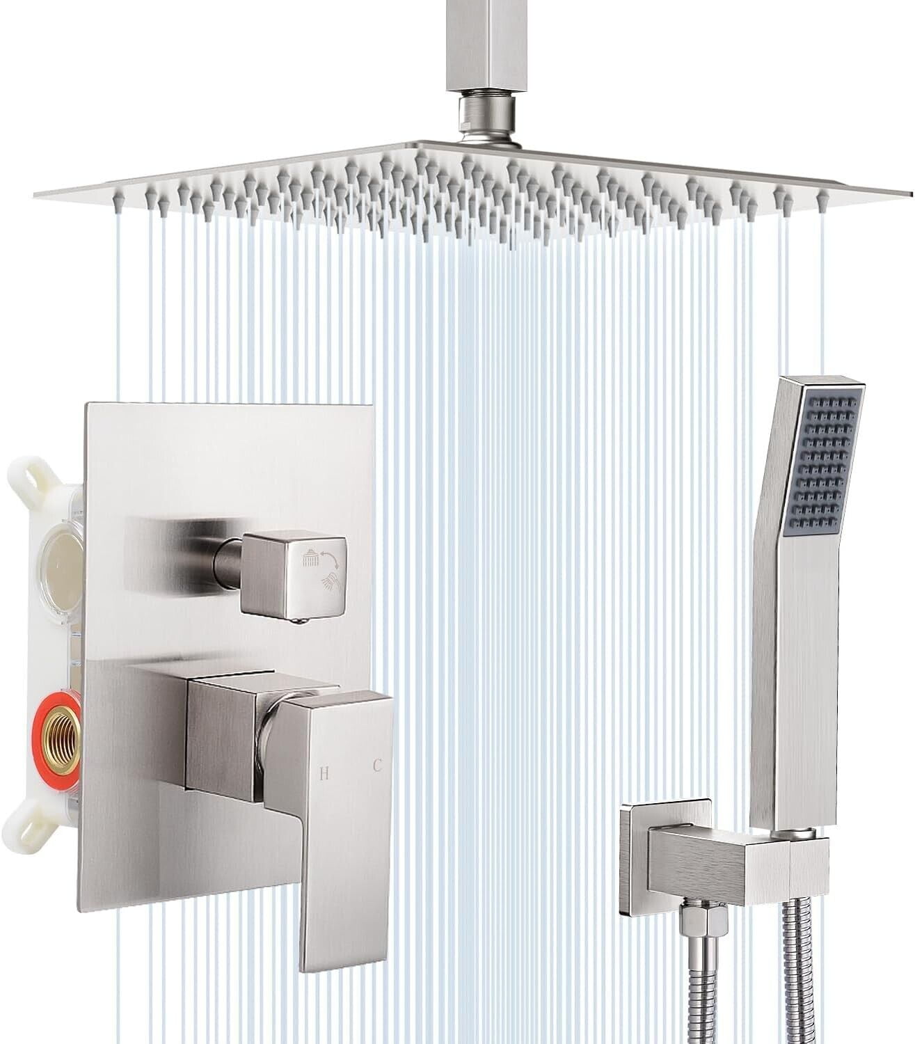feetron Chrome 10'' Shower Faucet Set w/Mixer Valve Rainfall Shower