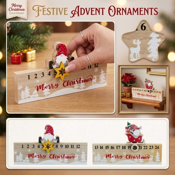 feijiafs Christmas Wooden Advent Calendar Countdown Tabletop Figurine Ornament Holiday Tiered Tray Mantel Shelf Desktop Decor Xmas Home Party Christmas Decorations