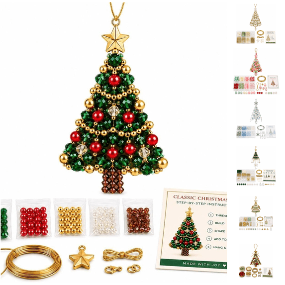 feijiafs DIY Beaded Christmas Tree Ornament Kit Handmade Xmas Bead Craft Supplies Holiday Hanging Decor Set for Home Party Indoor Decoration