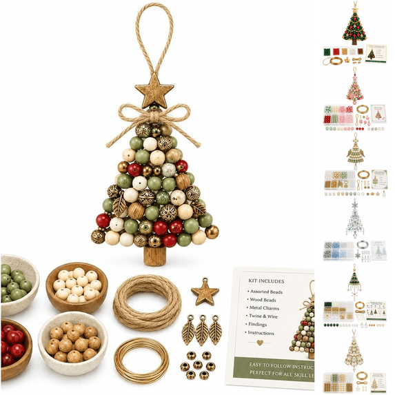 feijiafs DIY Beaded Christmas Tree Ornament Making Kit, Complete Supplies to Make 1 Hand‑Beaded Tree Hanging Decoration with Instruction Manual for Christmas Holiday Craft & Gift