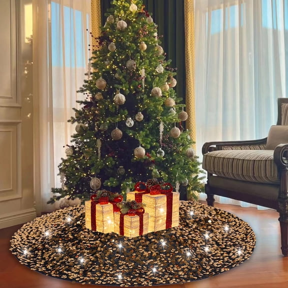 feimajia 122CM Christmas Tree Bottom Decoration Apron Sequin Christmas Tree Skirt Glitter Tree Skirt for Xmas Holiday Party Decor Yellow