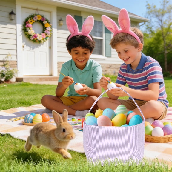feimajia 25x21CM Easter Baskets Decorations Easter Bunny Basket with Handles Handheld Gift Canvas Bag