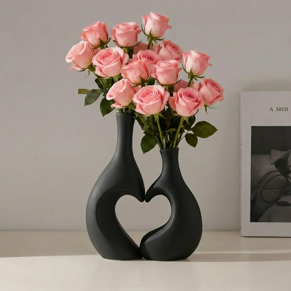 feimajia 2PCS Plastic Black Heart Shaped Hollow Vase for Valentines Day Warm House Gift Wedding Dining Table Centerpiece Bookshelf Art Decoration