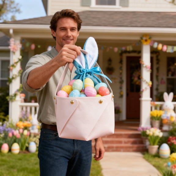 feimajia 3.94x3.15" Small Easter Party Decoration Gift Bag with Bunny Ear Leather Hand Bucket Rabbits Egg Bag