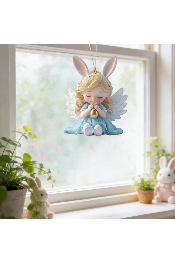 feimajia 8CM Easter Colorful Angel Pendant Winged Bunny Ear Ornaments Cute Acrylic Backpack Fascination for Easter Party Decorations