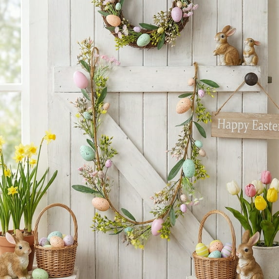 feimajia Colorful Easter Spring Vines Garland with Faux Eggs and Butterflies Artificial Floral Hanging Decorations for Home