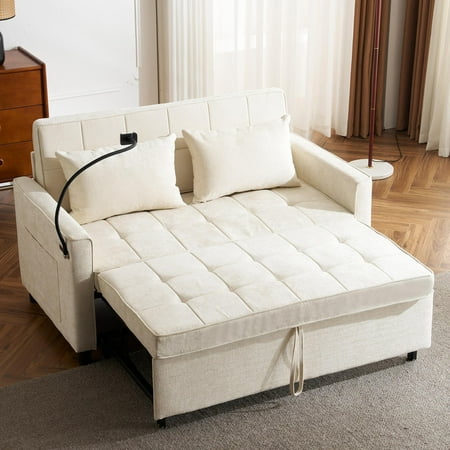 3 in 1 Convertible Sofa Bed, Pull Out Couch with Phone Holder & Backrest Cushion, Loveseat Sleeper for Living Room, Little Apartment, Bedroom, Beige