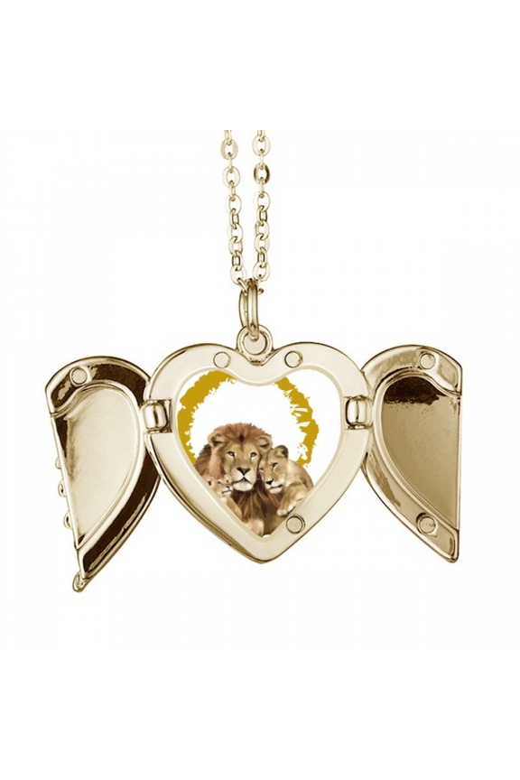 feline lions ferocious folded wings peach heart pendant necklace