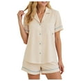 thumbnail image 1 of felwors 100% Cotton Pajamas for Women 2 Piece PJ Set Button-Down Soft Knit Short Sleeve Summer Sleepwear Loungewear Beige, L, 1 of 8