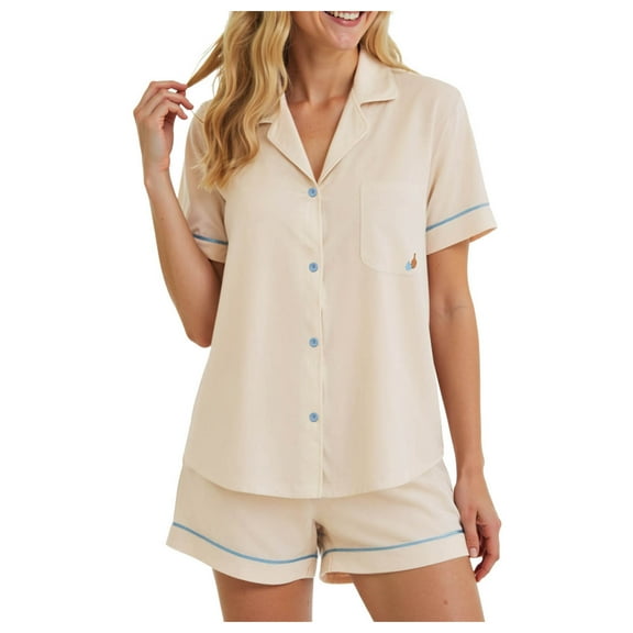 felwors 100% Cotton Pajamas for Women 2 Piece PJ Set Button-Down Soft Knit Short Sleeve Summer Sleepwear Loungewear Beige, XL