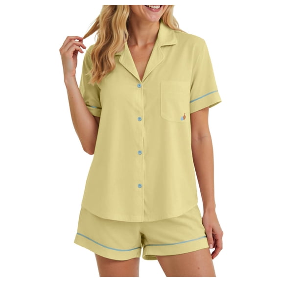 felwors 100% Cotton Pajamas for Women 2 Piece PJ Set Button-Down Soft Knit Short Sleeve Summer Sleepwear Loungewear Green, M