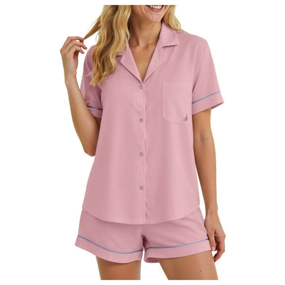 felwors 100% Cotton Pajamas for Women 2 Piece PJ Set Button-Down Soft Knit Short Sleeve Summer Sleepwear Loungewear Pink, L