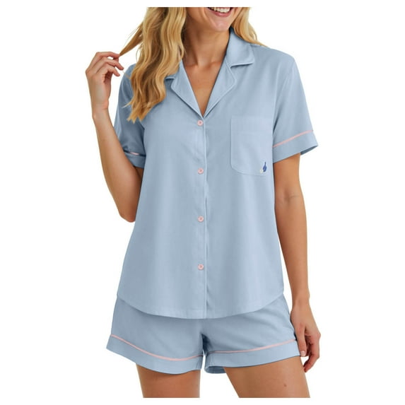 felwors 100% Cotton Pajamas for Women 2 Piece PJ Set Button-Down Soft Knit Short Sleeve Summer Sleepwear Loungewear Sky Blue, XL