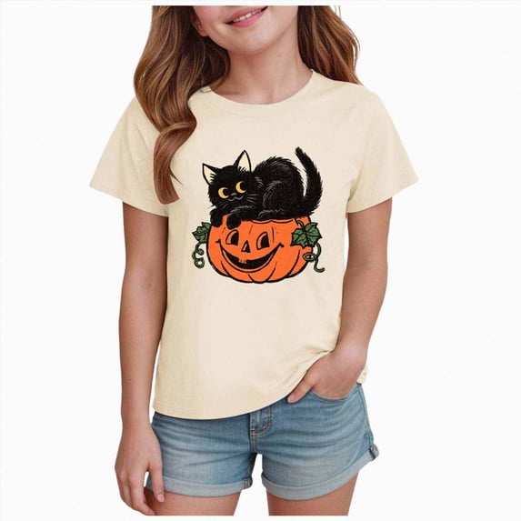 felwors 100% Cotton Toddler Black Cat on Pumpkin Shirt Baby Boy Girl Halloween Cat Tees Vintage Pumpkin Face Tops Kids (Beige,2-3 Years)