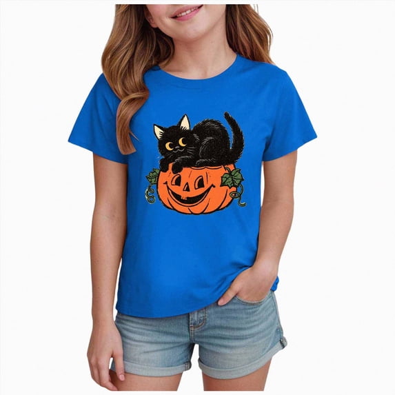 felwors 100% Cotton Toddler Black Cat on Pumpkin Shirt Baby Boy Girl Halloween Cat Tees Vintage Pumpkin Face Tops Kids (Blue,5-6 Years)