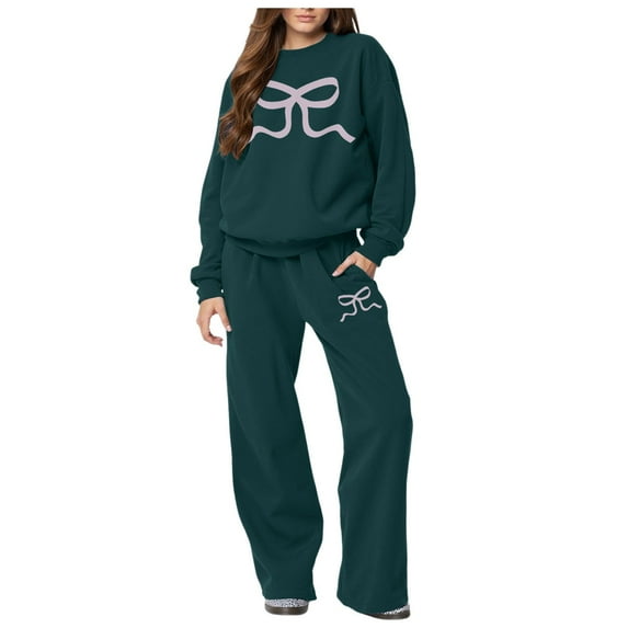 felwors 2 Piece Lounge Sets for Women Fall Sweatsuits Bow Print Long Sleeve Crew Neck Wide Leg Sweatpants Matching Tracksuit Green, S
