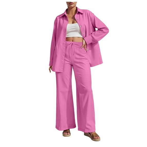felwors 2 Piece Outfits for Women Casual Lounge Sets Long Sleeve Button Down Shirts and Wide Leg Pants Sets Tracksuit Hot Pink, L