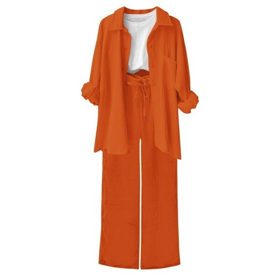 felwors 2 Piece Outfits for Women Casual Lounge Sets Long Sleeve Button Down Shirts and Wide Leg Pants Sets Tracksuit Orange, XL