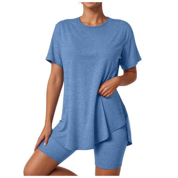 felwors 2 Piece Workout Sets for Women Oversized Tshirts Biker Short Matching Clothing Lounge Set Gym Yoga Outfit Blue, XXL