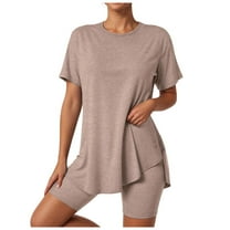 felwors 2 Piece Workout Sets for Women Oversized Tshirts Biker Short Matching Clothing Lounge Set Gym Yoga Outfit Brown, L