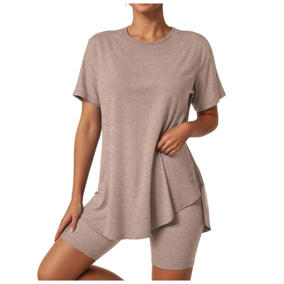 felwors 2 Piece Workout Sets for Women Oversized Tshirts Biker Short Matching Clothing Lounge Set Gym Yoga Outfit Brown, L