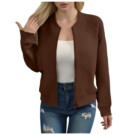 felwors 2025 Bomber Jacket Women Textured Lightweight Zip Up Jackets Casual Stand Collar Zipper Coat Fall Fashion Outerwear Top Brown, S