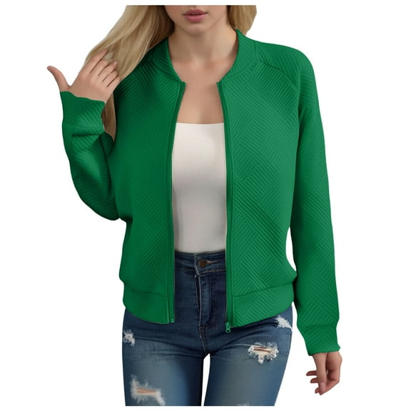 felwors 2025 Bomber Jacket Women Textured Lightweight Zip Up Jackets Casual Stand Collar Zipper Coat Fall Fashion Outerwear Top Green, S