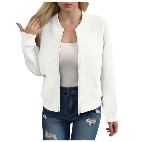 felwors 2025 Bomber Jacket Women Textured Lightweight Zip Up Jackets Casual Stand Collar Zipper Coat Fall Fashion Outerwear Top White, XL