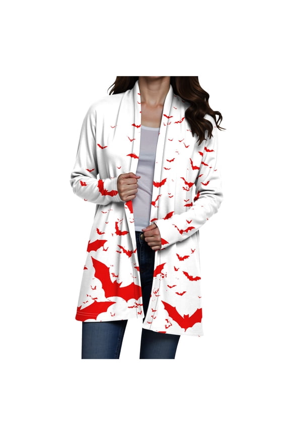 2025 Women's Fall Fashion Bat Print Open Front Long Cardigan Casual Furry Knit Long Sleeve Sweaters 2025 Winter Coats Red, XXL