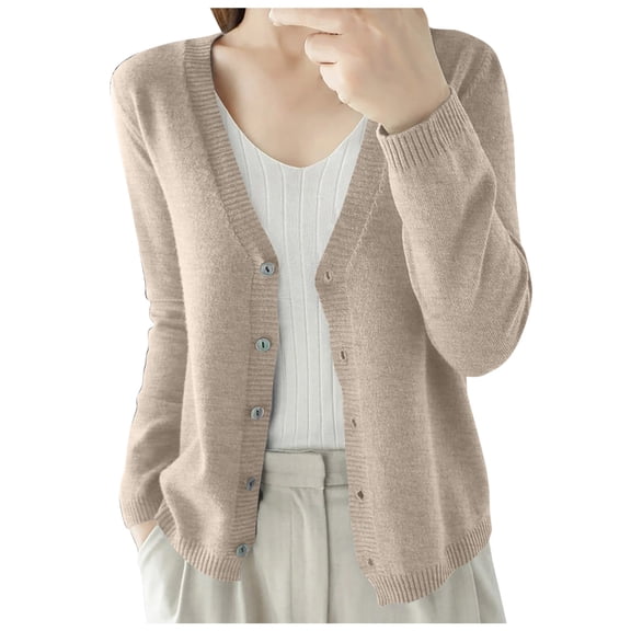 felwors 2026 New Arrival Women's Cropped Knit Cardigan - Long Sleeve V Neck Button Down Lightweight Spring Fall Versatile Outerwear(Khaki, L)
