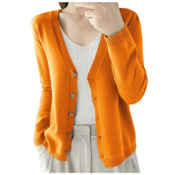 felwors 2026 New Arrival Women's Cropped Knit Cardigan - Long Sleeve V Neck Button Down Lightweight Spring Fall Versatile Outerwear(Orange, L)