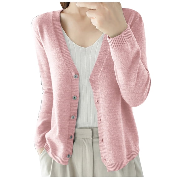 felwors 2026 New Arrival Women's Cropped Knit Cardigan - Long Sleeve V Neck Button Down Lightweight Spring Fall Versatile Outerwear(Pink, XXL)