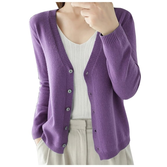 felwors 2026 New Arrival Women's Cropped Knit Cardigan - Long Sleeve V Neck Button Down Lightweight Spring Fall Versatile Outerwear(Purple, S)