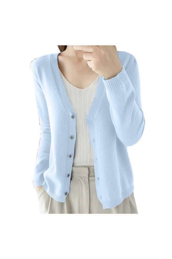 felwors 2026 New Arrival Women's Cropped Knit Cardigan - Long Sleeve V Neck Button Down Lightweight Spring Fall Versatile Outerwear(Sky Blue, L)