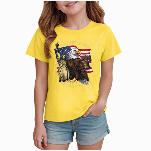 felwors 250 Anniversary USA Shirt for Girls 250 America Shirt Short Sleeve Patriotic Flag Print Cute Tops 1776-2026 Tshirt Kids(Z04-Yellow,2-3 Years)