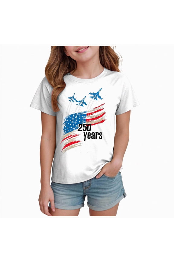 250 Anniversary USA Shirt for Girls Boys American Flag Crewneck Short Sleeve Tshirt 2026 Patriotic T Shirts Kids(White,9-10 Years)