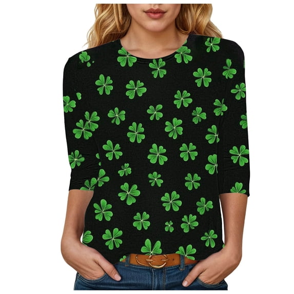 felwors 3/4 Length Sleeve Women Tops Crew Neck Casual Summer Tunic Tops Loose Fit Shirts Holiday Outfits (Black, S)