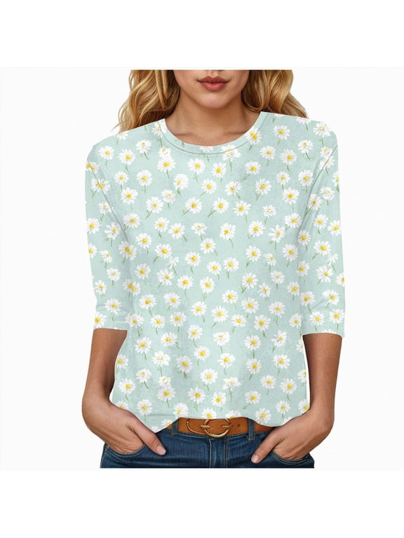 3/4 Length Sleeve Womens Tops Casual Crew Neck T Shirts Petite Summer Blouses Basic Tees Light Green for Size S