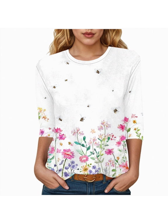 3/4 Length Sleeve Womens Tops Casual Crew Neck T Shirts Petite Summer Blouses Basic Tees White for Size XL