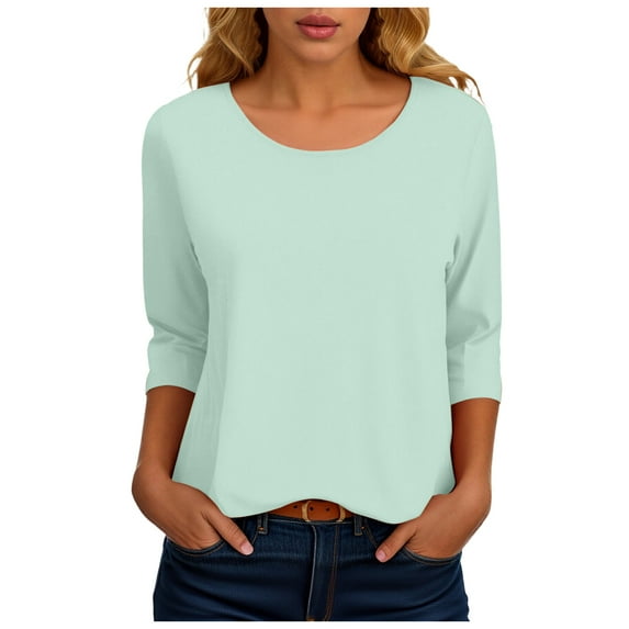 felwors 3/4 Length Sleeve Womens Tops Casual Loose Fit Crewneck T Shirts Cute Solid Three Quarter Length Tunic Tops Light Blue, XXL