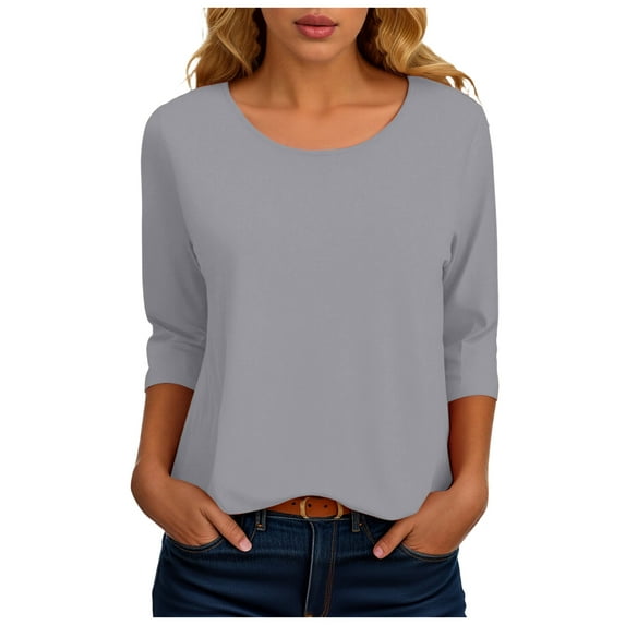 felwors 3/4 Length Sleeve Womens Tops Casual Loose Fit Crewneck T Shirts Cute Solid Three Quarter Length Tunic Tops Light Gray, XXL